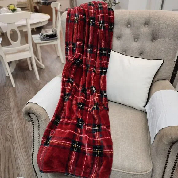 Elle Decor Oversized Throw Blanket Plaid High Pile Plush Red Black White Yellow